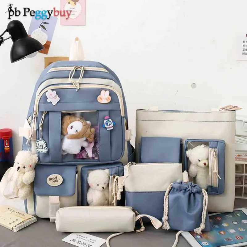 5pcs/set Kawaii Women Backpack Korean Cute Girl Bookbags Large Capacity Teenage Student School Bag Casual Canvas Travel RucksackW251114
