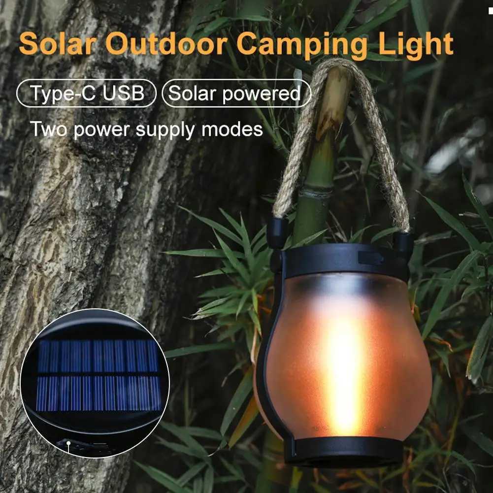 Solar Flame Lamp USB Rechargeable Camping Light Hanging Courtyard Decoration Garden Lantern Lighting Lamp With Hemp Rope M251115