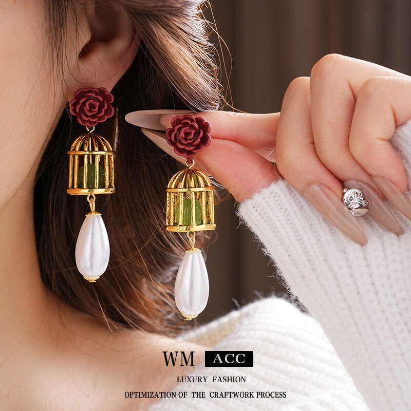 Vintage Sier Needle wer Birdcage Water Drop Pearl Light Palace Style High End Earrings