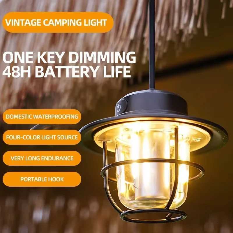 LED Camping Lamp Retro Hanging Lamp Portable Stepless Dimming Camping Light Waterproof Rechargeable Outdoor Light Lantern M251115