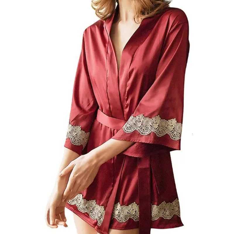 Ladies Red Sexy Lace Embroidered Flower Satin Belt Robe Temptation Satin Red V-Neck Sexy Robe Women Sexy Pajamas C251115