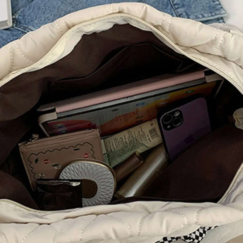 Autumn&Winter Women Cotton Padded Shoulder Large Capacity New Handbag Solid Quilted Tote Embroidered Thread Underarm Bag