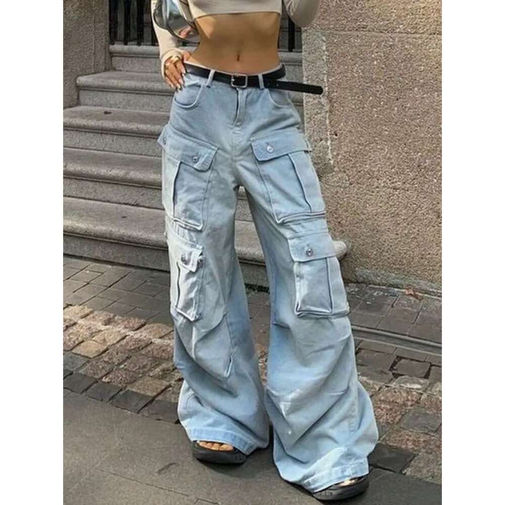 Women Haruku Y2k Streetwear Jeans American Style Retro Multi-Pocket Straight Cargo Pants Trend Mid-Waist Casual Blue Trousers