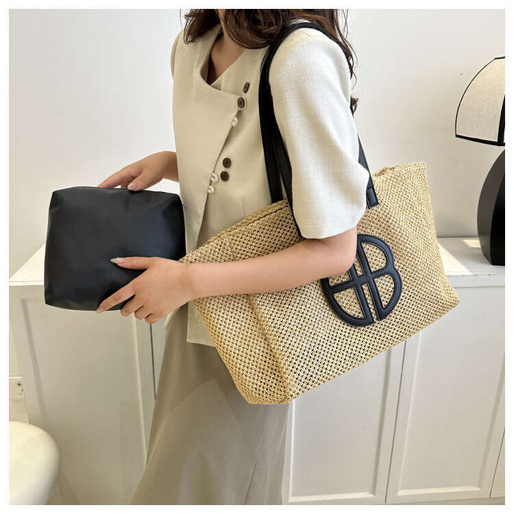 Handmade Beach Bag Straw Fashionable Instagram Style Trendy Women's 2024 New Shoulder Two-Piece Set Large Capacity Handbag Woven Bag Kq2