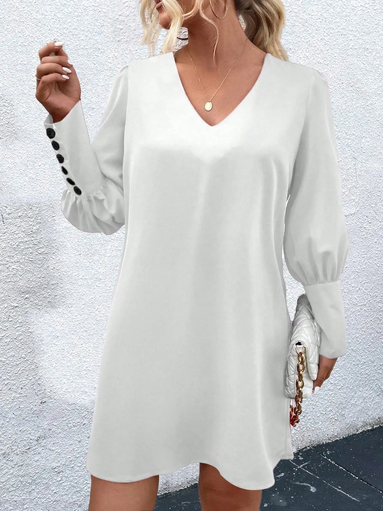 Spring and summer plus size casual n loose long sleeved slim fit Vneck solid color retro button womens dress 250407