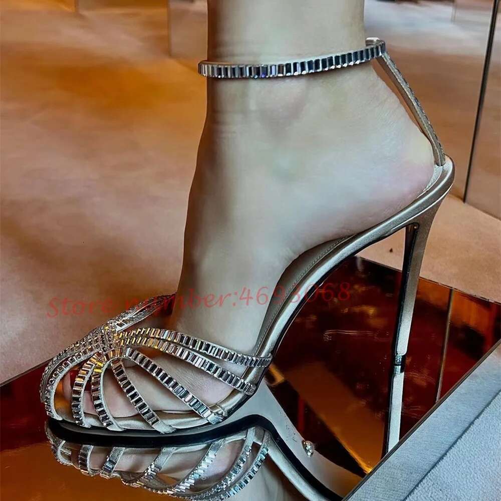 Green Crystal Women Brand Cross Strap Summer Vacation Shoes Stiletto Sexy Banquet Casual High Heels Sandals