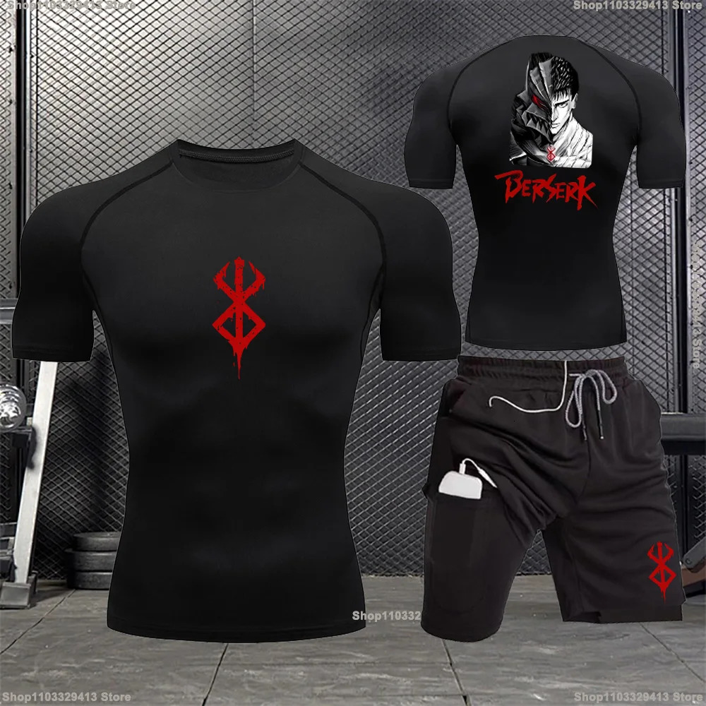 Compression Men Sports Clothing Two-Piece Summer Casual Fiess Suit Short-Sleev