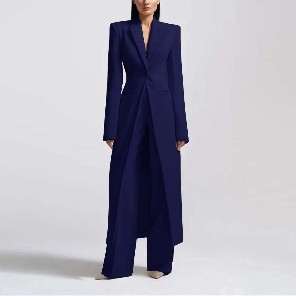 Fashion Beige Women's Blazer Pantssuit Peak Lapel Long Coat Wedding Formal Suits Office Lady Jacket Pant 2 Piece