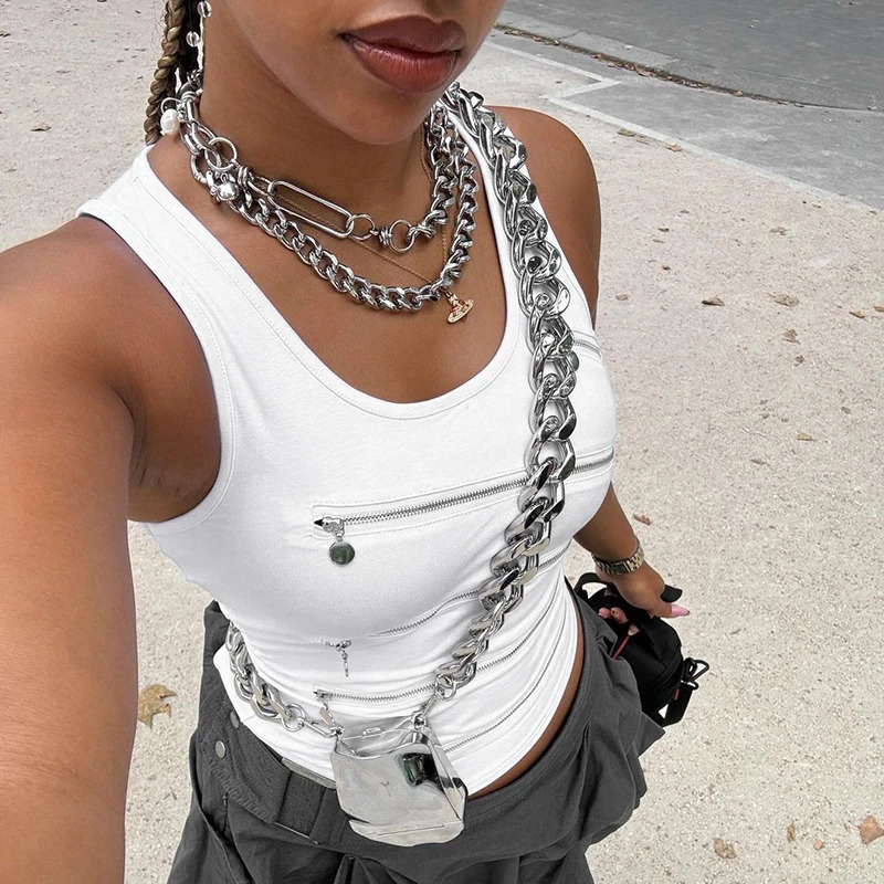 CUTENOVA Fashion Punk Women Zipper Dessign Crop Tops Sleeveless Cut Out Slim Tanks Vest Grunge Hollow Out Vest Tops Bustiers Str 250415