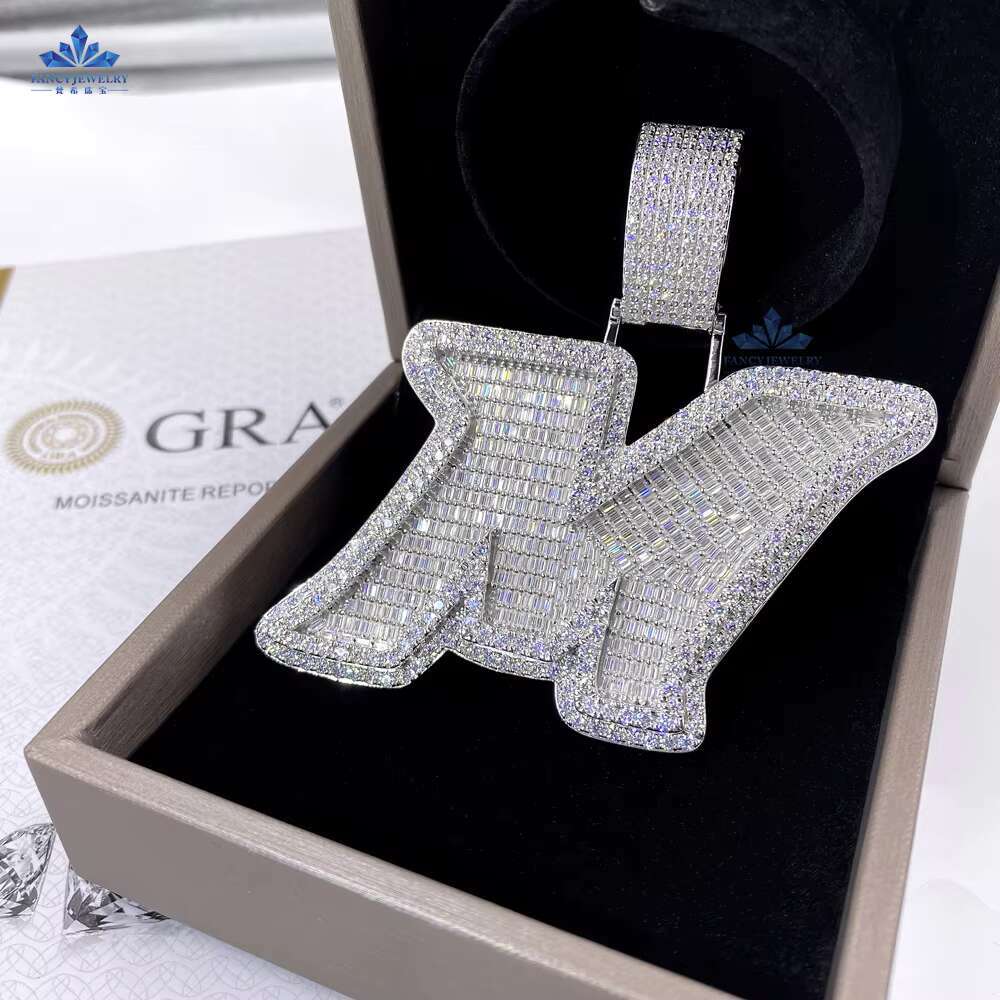 Hip Hop Jewelry Mens Iced Out Custom M Letter Pendant 925 Sterling Silver Baguette VVS Moissanite Diamond Name Initial Pendant