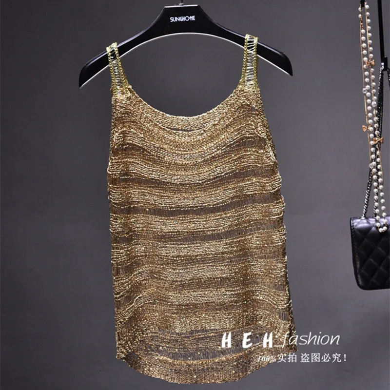 summer gold thread bright silk hollow camisole shiny thin sexy see-through top crop tops women tops for women 250415