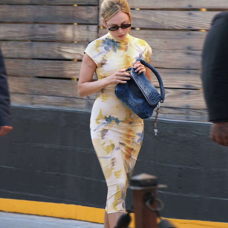 Women's Wear Spring/Summer New Women's Clothing Elegant Floral Contrast Printed Half High Collar Short Sleeve Tight Dress