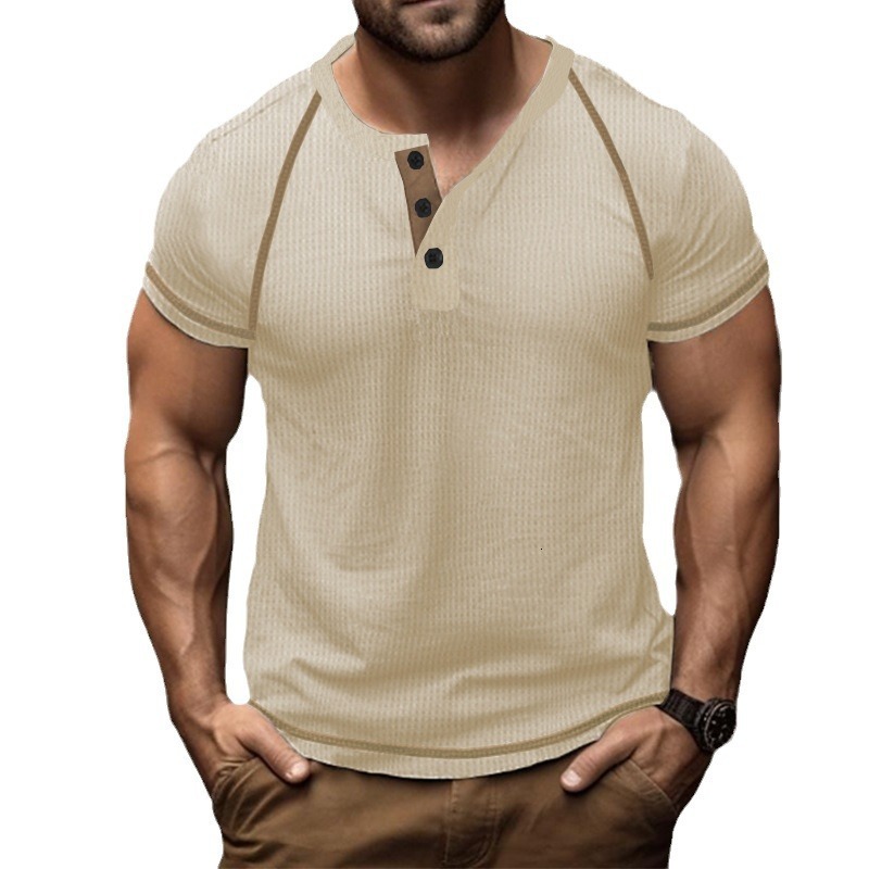 2025 Waffle Henley Solid color Shoulder Insert Summer Short sleeved Men's T-shirt