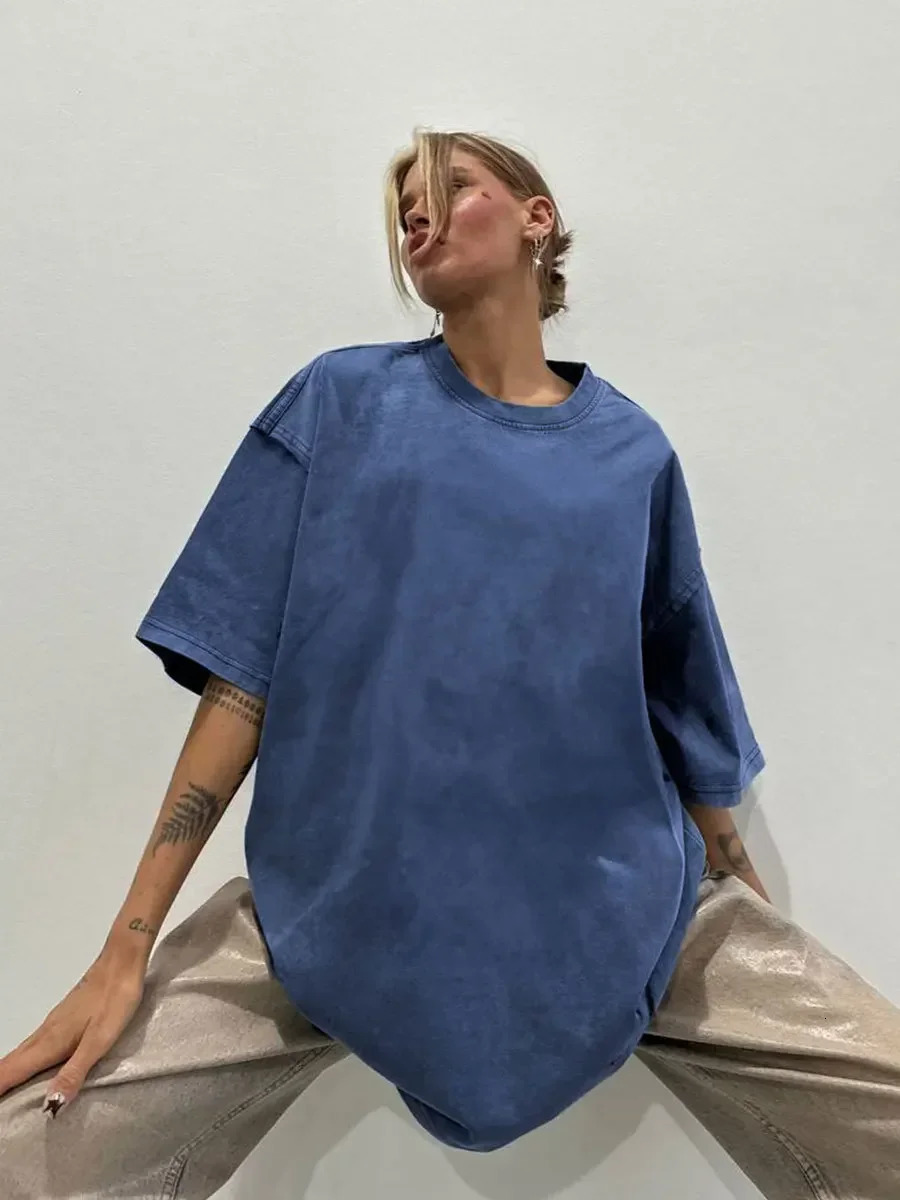Washed Make Old Short-sleeved Tops T-shirts Europe and America Summer 2025 Loose Casual Round Neck Oversized T-shirt Women 250415
