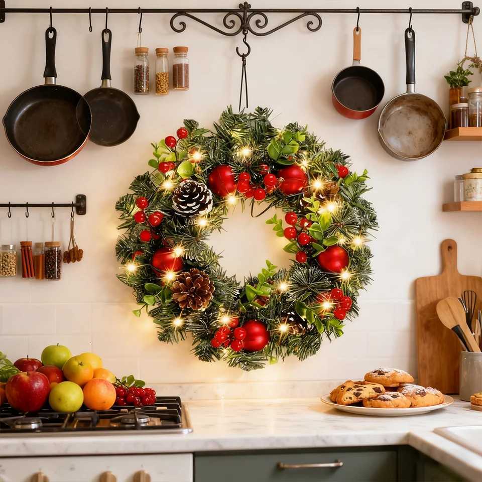 House Red Garland Christmas Decoration Entrance Door Ornament LED PVC Fruit Christmas Wreath Window Door Wall Home Decor GiftsM251115