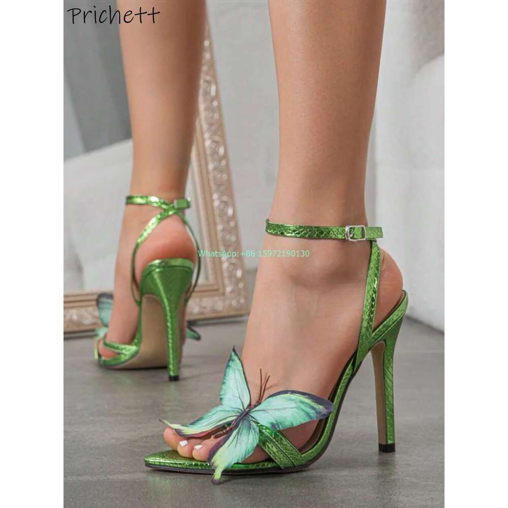 Green Butterfly Thin Heels Sandal Pointy Toe Ankle Band Sgback Belt Stiletto Summer Vocation Party Women Shoes 2024