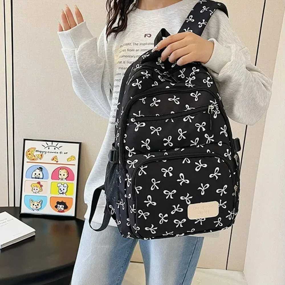 3 Pcs/Set Fashion Large Capacity Bow Backpack Bow Print Nylon School Bag Adjustable Strap Student BackpackW251114