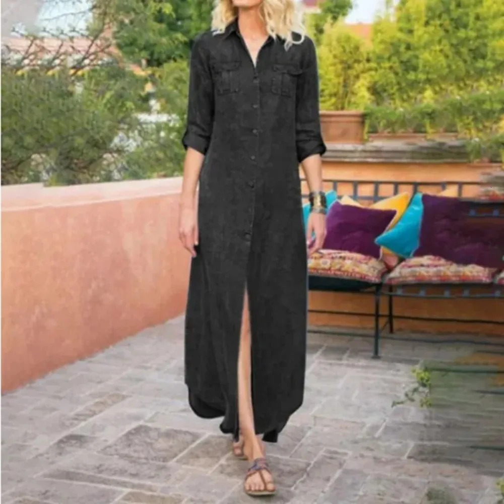 Summer womens L5XL Plus size loose solid color casual denim long skirt fashionable lapel button sleeved pocket 250414