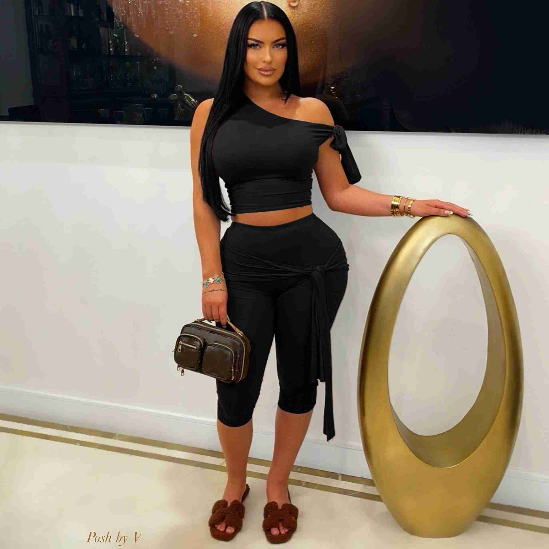 Womens Tracksuits Two Pieces Set 2025 Summer New Slant Shoulder Strap Casual Fashion Solid Color Set