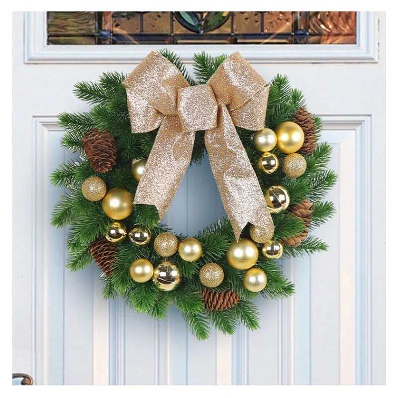 30/40/45cmArtificial Christmas Wreath Winter Greenery Wreath with Red Berries And Velvet Bow Front Door Holiday Porch Wall DecorM251115