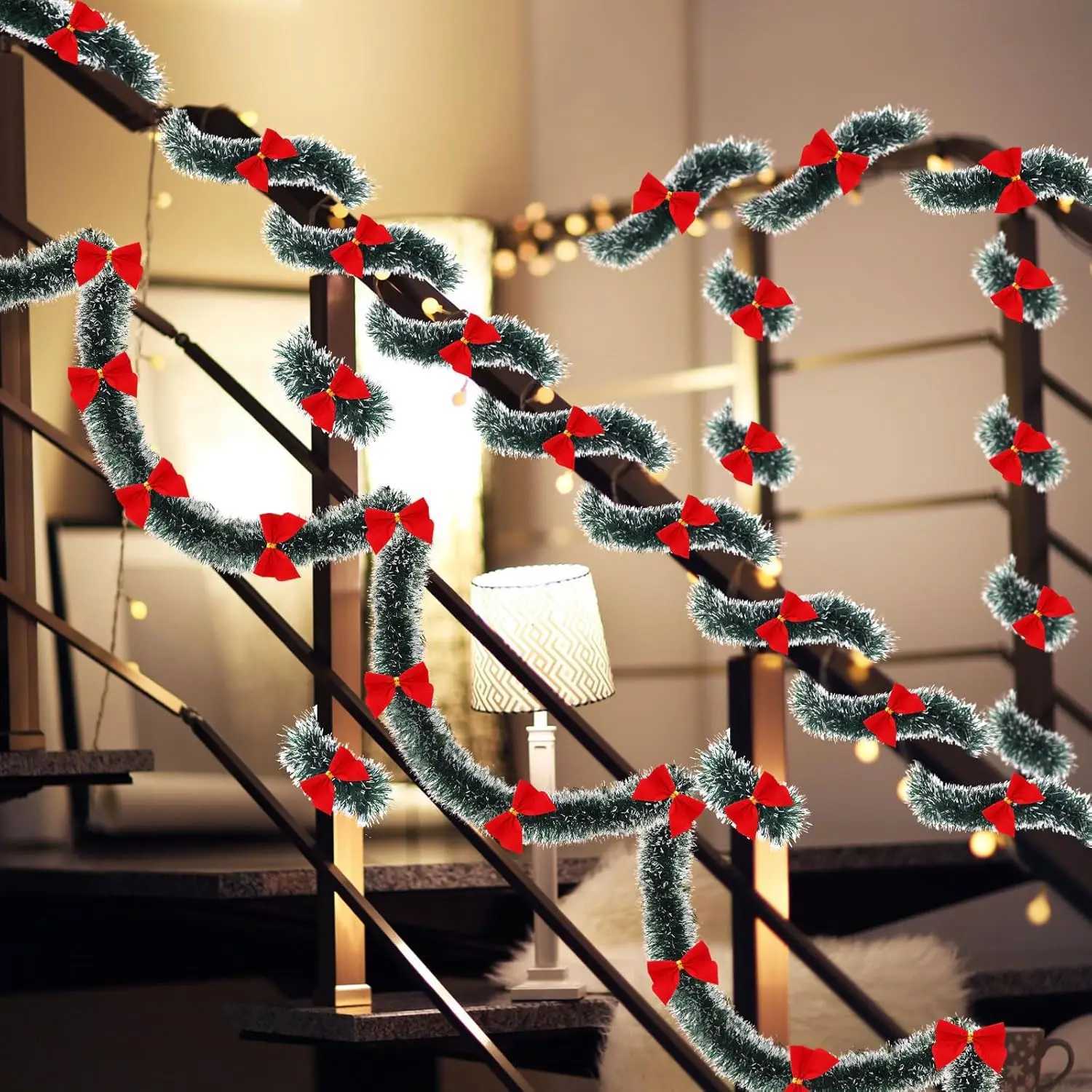 Christmas Tinsel Ribbons with Red Gold Bow Ribbon Garland Xmas Tree Hanging Pendent Wreath Ornament Wedding Party DecorationM251115