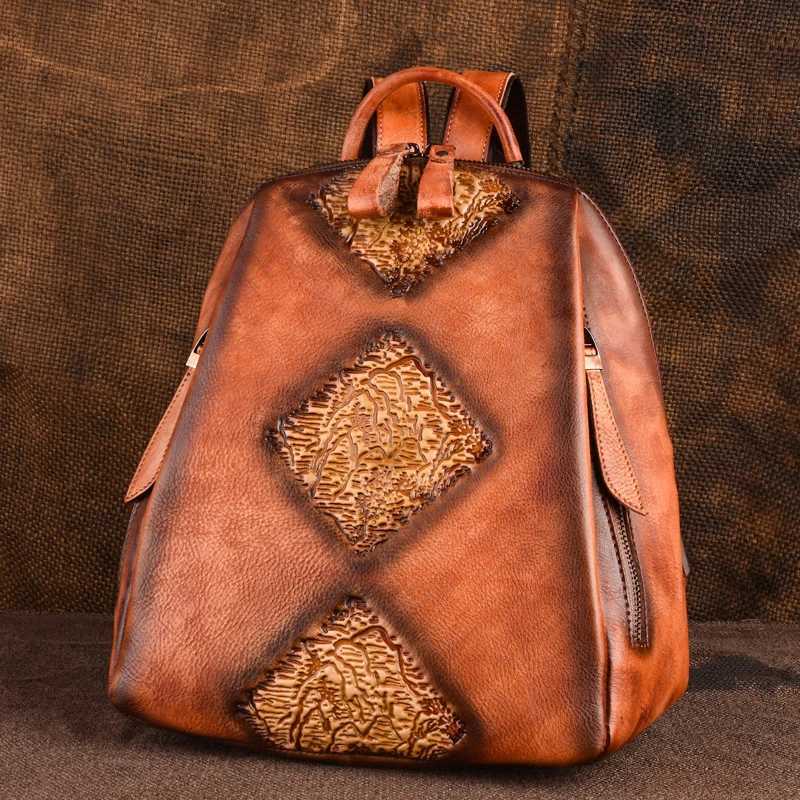Handmade Retro Embossed Floral Backpack For Women Genuine Cowhide Leather Fashion Women Bag Solid Color Muti-function BackpacksW251114