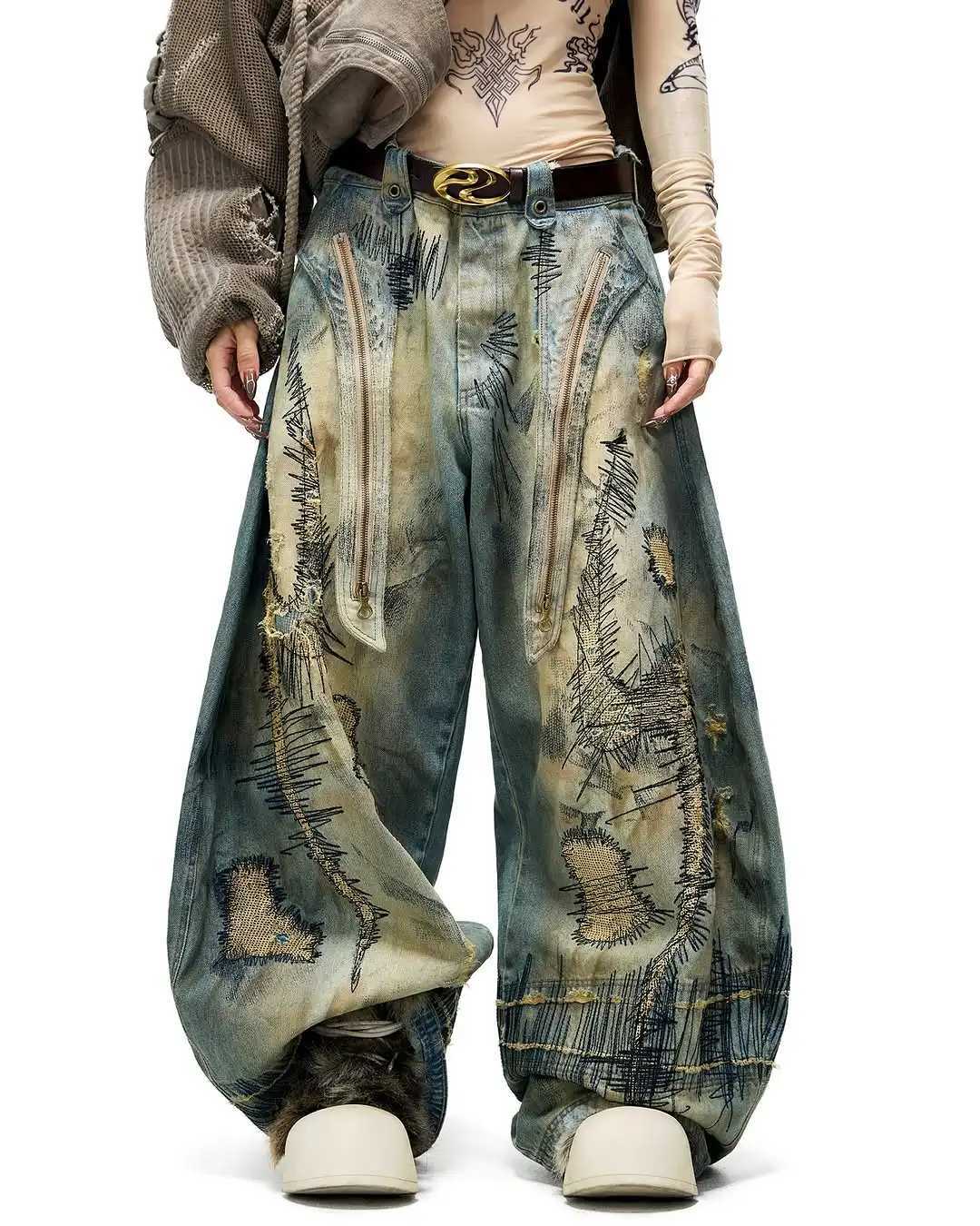 American garbage soil dyeing damage art design patch work embroidery wide leg jeans mens loose trend new floor pants mens clothing X250415