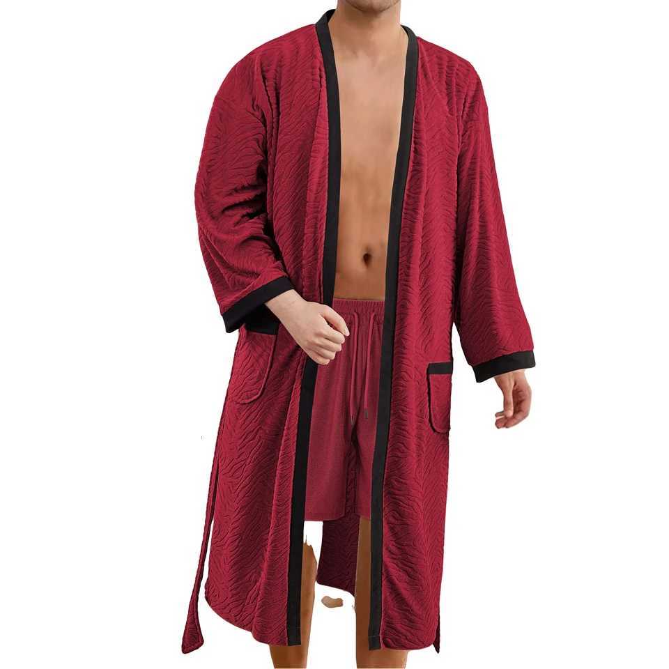 Mens Long Jacquard Soft Belted Bathrobe Solid Color Loose and Comfortable Bath Robe Male Autumn Winter Casual Homewear Pajamas C251115