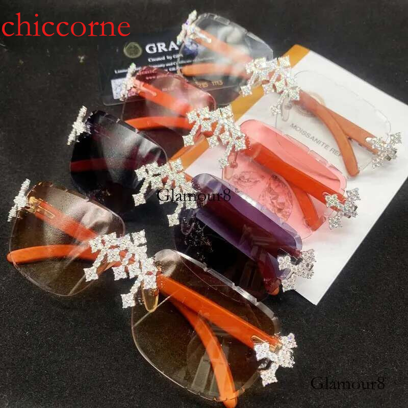 Pass Dia Tester Sier Wooden Legs Colored Lens Moissanite Glasses Iced Out Men Women Cross Style Fashion Sunglasses