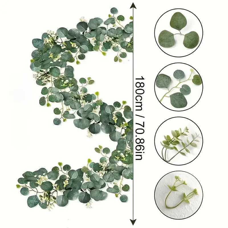 Lush 708 Faux Eucalyptus Garland With White Flowers - Perfect For Home Holiday Decor Wall Hanging Yard And Party AccentsM251115