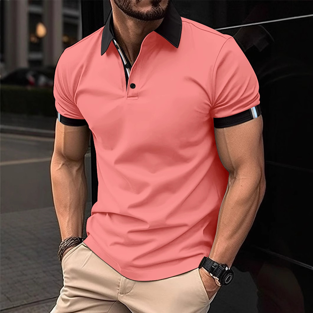 Summer new mens polo shirt casual sports solid color spliced ribbon lapel short sleeved top