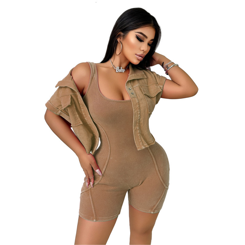 Womens Tracksuits Two Pieces Set Summer New Collection Washed And Worn Vest Jumpsuit Short Sleeved Jacket