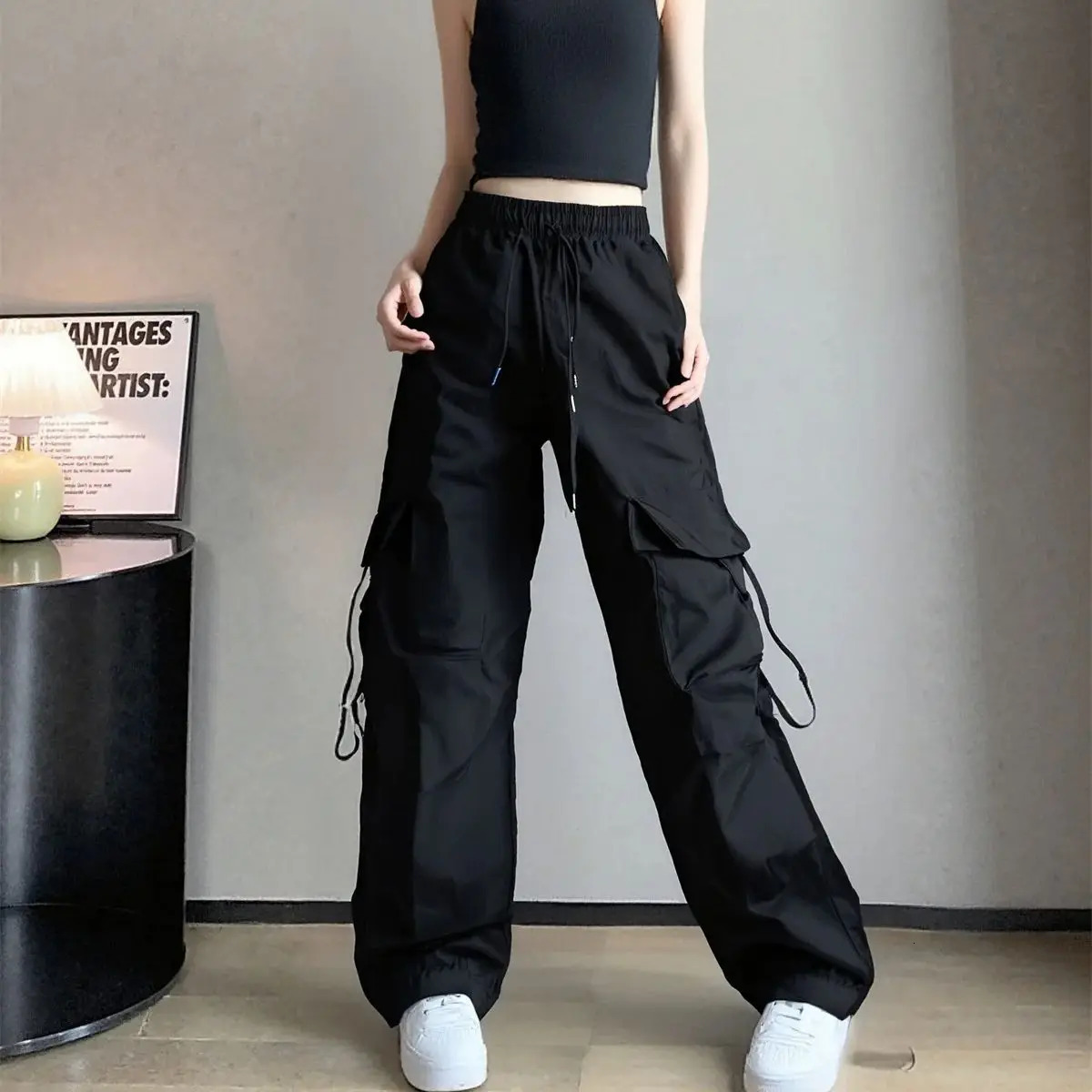 Womens high waisted cargo pants fashion pockets American retro solid mens spring and autumn hiphop clothing Y2K street 250414