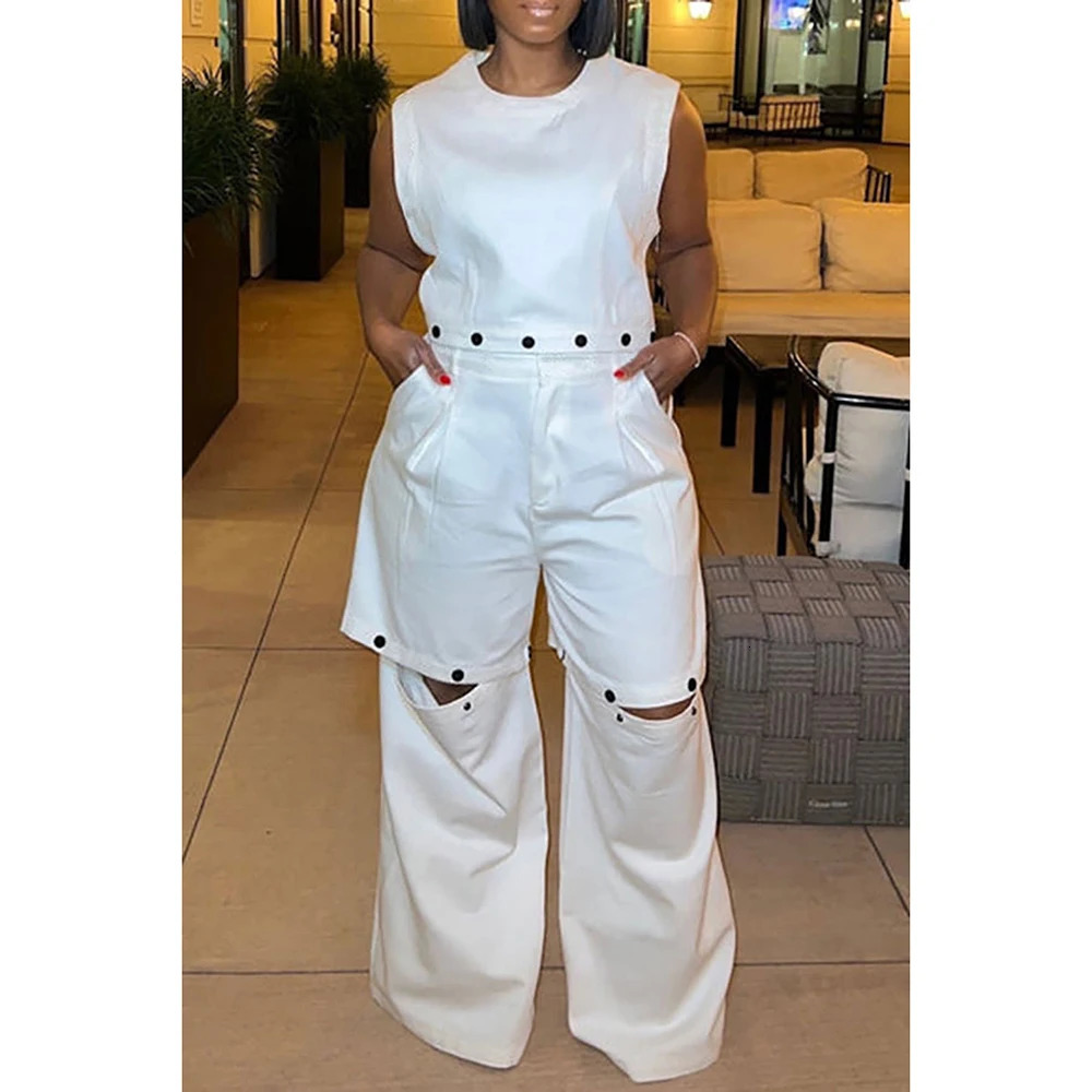 Plus Size Casual Pant Set White Round Neck Detachable Two Piece Pant Set With Pocket 250410