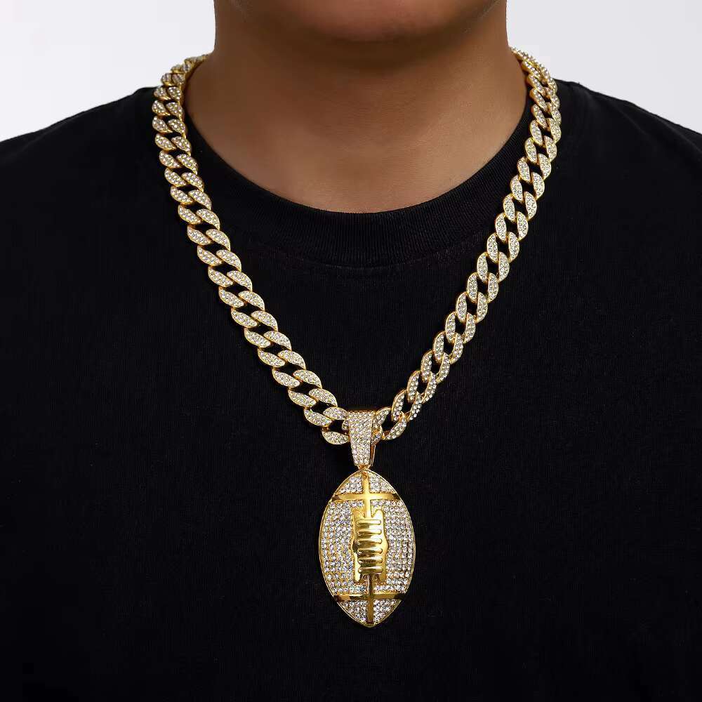 DHcollections Men's Hip Hop 15mm Miami Chain With Alloy And Rhie Dias Rugby Pendant Necklace