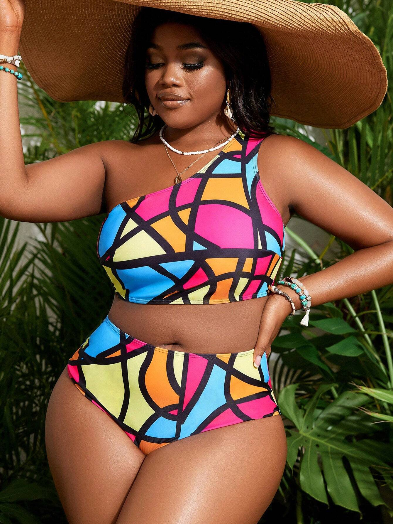 Two Piece Plus Size Swimsuit One Shoulder Geometric Print Bathing Suit Multicolor High Waist Bikini Set