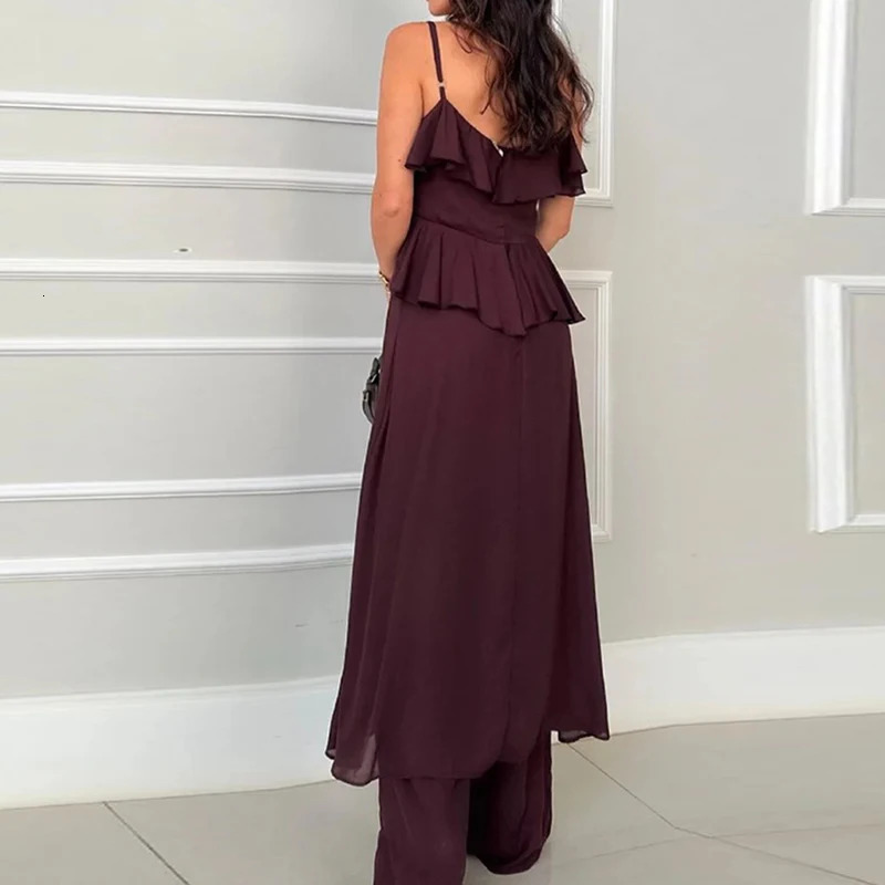 Tempered solid V-neck suspension top and wide leg pants set for womens elegant solid pleated two-piece clothing womens chiffon set 250415