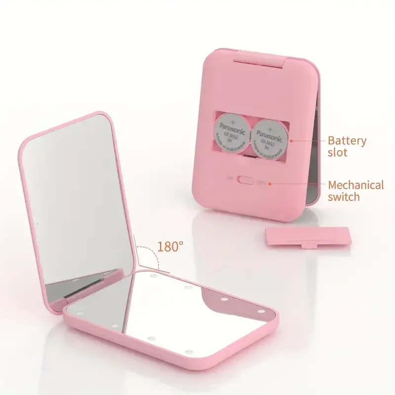 Mini Compact Led Makeup Mirror With Light 2X Magnifying Small Pocket Portable Travel Pink Black Foldable Cosmetic Vanity Mirrors 250415