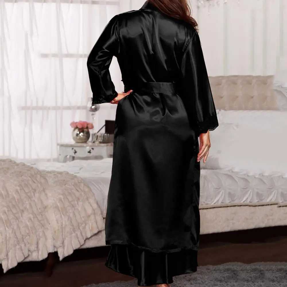 Women Sexy Silk Kimono Dress Long Gown Babydoll Bathrobe Nightgown V-neck Long Loose Pajamas Bath Robe High Waist Belt Nightwear C251115