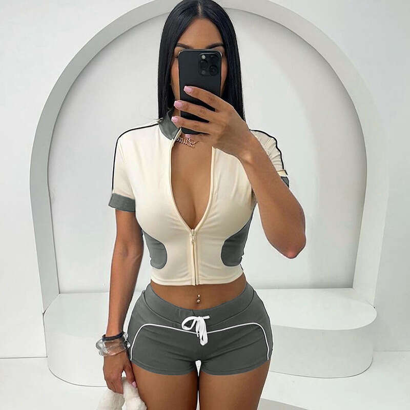 Women's Wear Wind Summer New Fashionable Street Stand Up Collar Zipper Splicing Color Contrasting Sports Shorts Set For Women