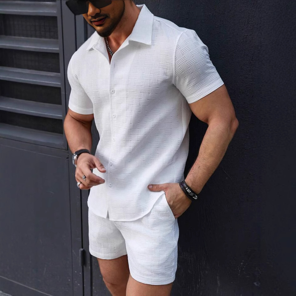 2025 Fashion New Mens Short sleeved Shirt Shorts Sports and Leisure Beach Two piece Set