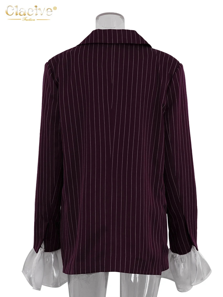 Clacive Fashion Loose Wine Red Striped Womens Jacket Winter Collar Long Sleeve Coat Elegant Coat Top Womens Wear 250415