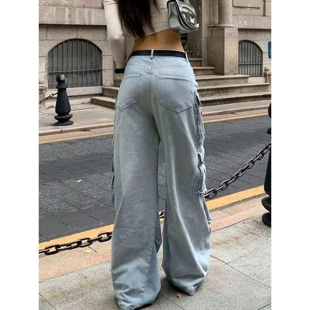 Women Haruku Y2k Streetwear Jeans American Style Retro Multi-Pocket Straight Cargo Pants Trend Mid-Waist Casual Blue Trousers