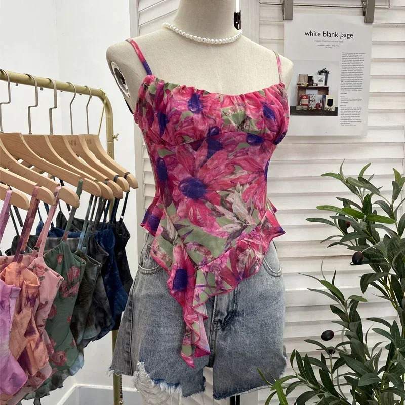 s Sweet Ruffles Mesh Camisole Top Lady Camis Sleeveless Printed Floral T shirts Stretch Slim Tanks For Slim Women 250415