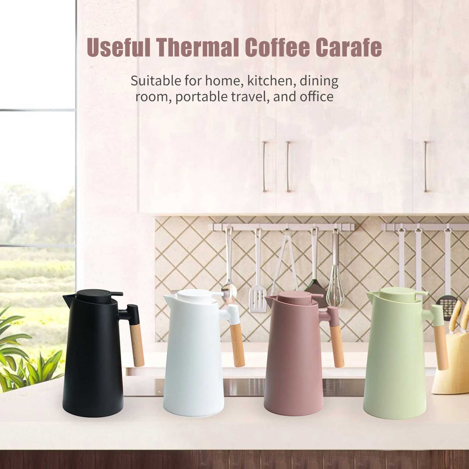 1L Thermal Coffee Carafe Double Walled Vacuum Coffee Pot Thermos Pot With Wood Handle Kettle Insulated Carafe Keeping Hot Cold Y251114