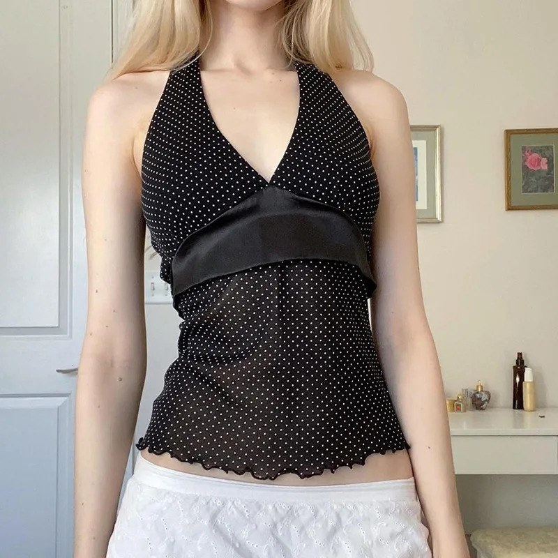 vintage satin decal shoulder strap pendant with neck no back polka dot pendant sexy and ultra-thin suitable for women Versatile mesh vest 250415