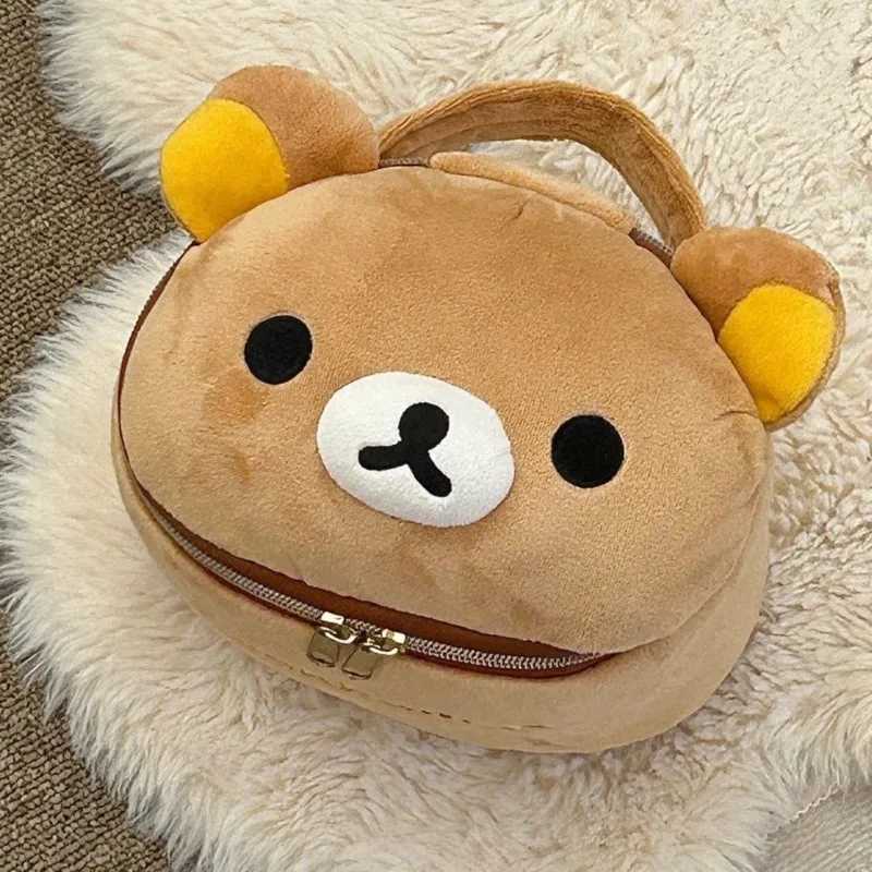Plush Oval 3D Makeup Bag Plush Bear Head Bead Box New Cute Rilakkuma Girl Storage BagXJ250415