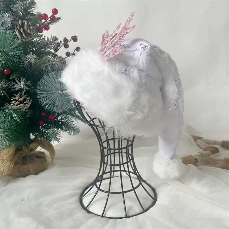 New Arrival Pink Deer Antler Christmas Hat 3147cm Silver-Embossed Snowflake Double-Layer Fluffy Decorative Short Hat Y251115