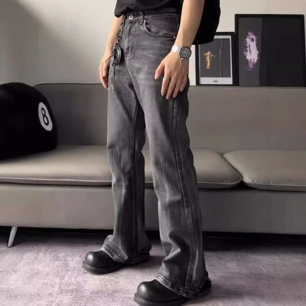 Distressed Niche Design Black Grey Micro Flared Jeans Men's Loose Trend Straight Hole Bottom Casual Denim Trousers 28W5868