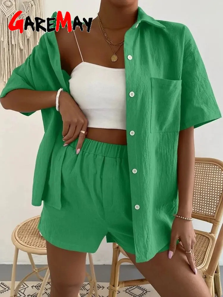 Womens Cotton Suit Short Sleeve Casual Elegant Green Soild Two Piece Set Women Outfit Suit Shorts and Shirt for Women 250415